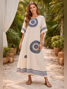 Bonne Journee 2XL Evil Eye Tunic Dress White Cotton Kaftan Boho Beach Cover